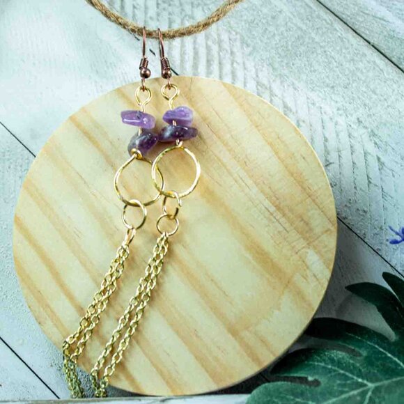Amethyst Chip Earrings with 14k Gold Dangle Chain and Gold Hoop Drop - Picture 7 of 15